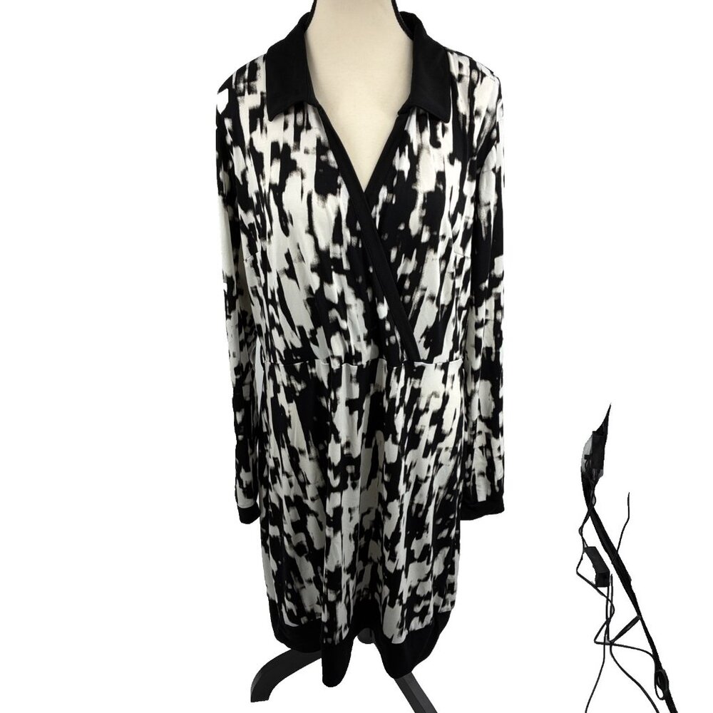 Nicole by Nicole Miller Womens Wrap Dress XL Black White Print Long Sleeve